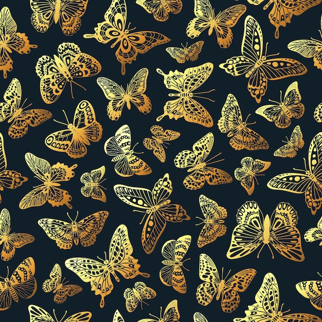 Golden butterfly golden flying insects seamless pattern flat vector background illustration