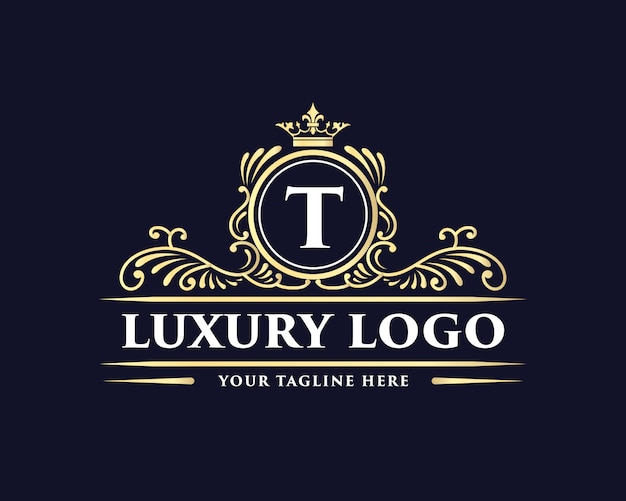 Golden calligraphic floral hand drawn monogram antique vintage style luxury logo design with crown