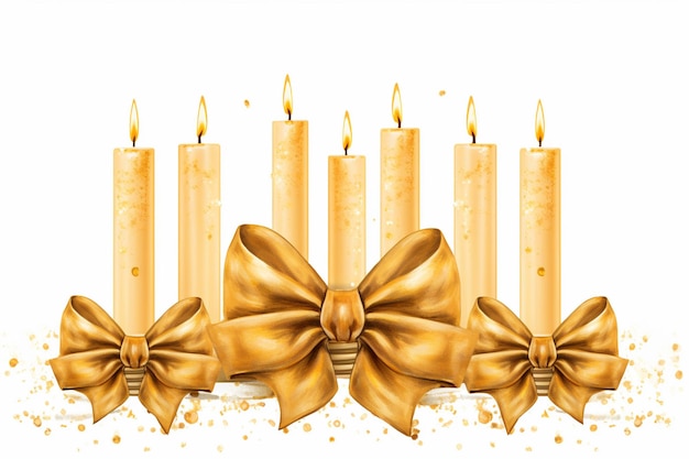 golden candle with bow decoration and fir twig isolated in front of white background