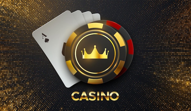 Golden casino sign with playing cards and gambling chips