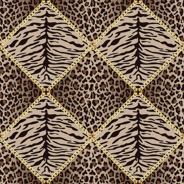 Golden chains seamless pattern with tiger leopard background Fashion gold and animal  print