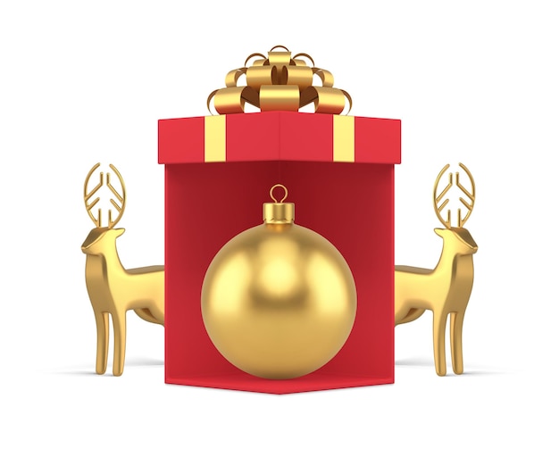 Golden Christmas ball in open red gift box deer souvenir Xmas composition realistic 3d icon vector