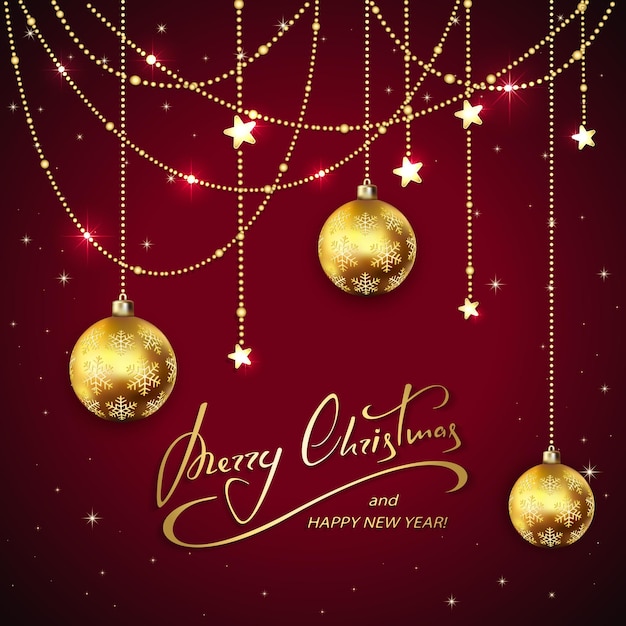 Golden Christmas balls and decorative stars on red holiday background with lettering Merry Christmas and Happy New Year, illustration.