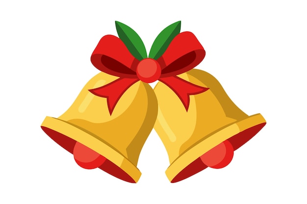 Vector golden christmas bells with red bow and green leaves isolated on white background