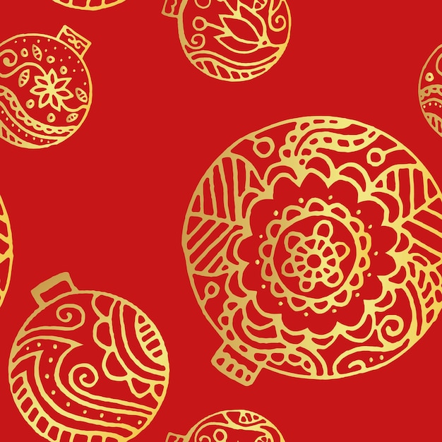 Golden christmas decor seamless pattern floral decor on a red background Use for background wrapping paper covers fabrics cards stationery Vector