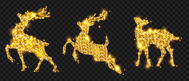 Golden Christmas deer glitter silhouette set winter holiday reindeer decoration design sparks