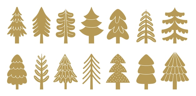 Golden christmas tree icons spruces and pines of different shape Vector of pine tree for holiday decoration illustration