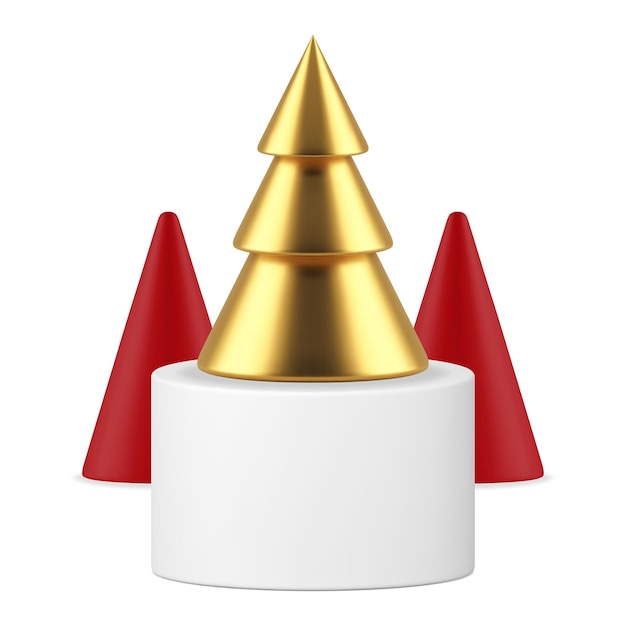 Golden Christmas tree on pedestal with two red cone minimalist spruce realistic 3d icon vector