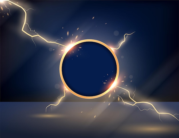 Vector golden circle frame with lightning effect on blue background