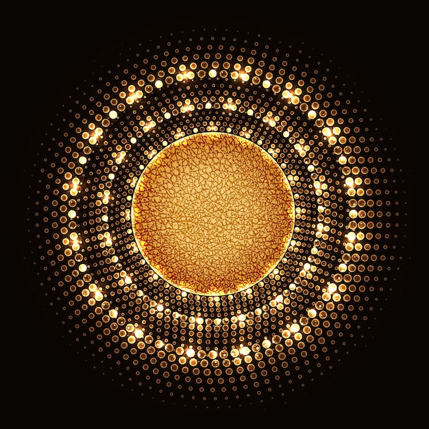 Golden circle with halftone neon lights and textured yellow core on black background.