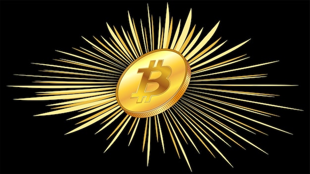 Golden coin Bitcoin BTC with rays isolated on black background BTC symbol of modern digital gold and money