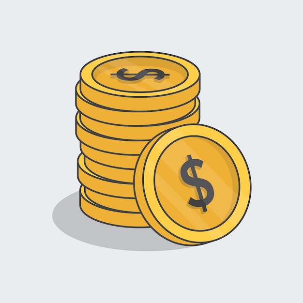 Golden Coin Dollar Stack Cartoon Vector Illustration 3d Dollar Coins Flat Icon Outline