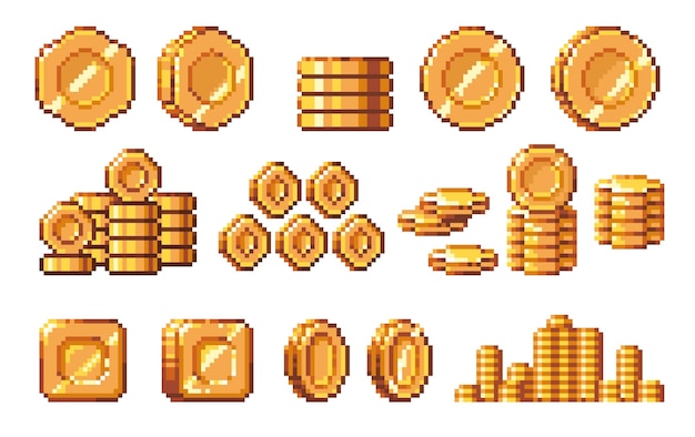 Vector golden coin pixel art round shiny vintage metal money retro 8 bit game coins asset cartoon old school metal treasure bit app asset vector isolated set reward and prize gambling elements