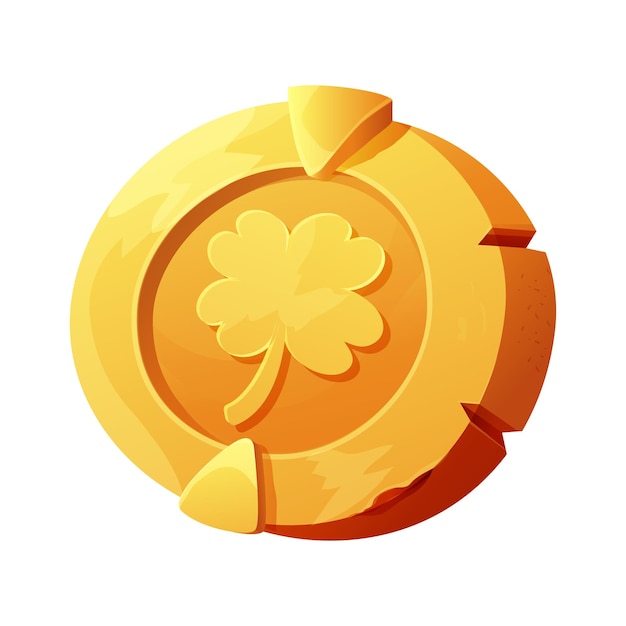 Golden coin with clover lucky symbol, irish penny Celtic celebration element in cartoon style