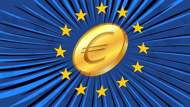 Vector golden coin with sign currency eur and the blue flag of european union with stars cbdc concept introduction of digital currency by european central bank