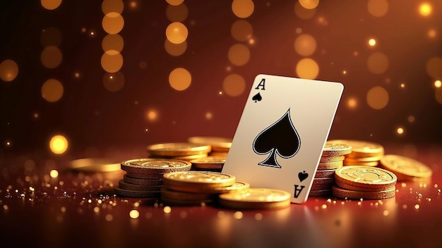 Vector golden coins stacked with aces of spades on sparkling background