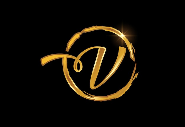 Golden color V hand-drawn letter in a brush circle on black background