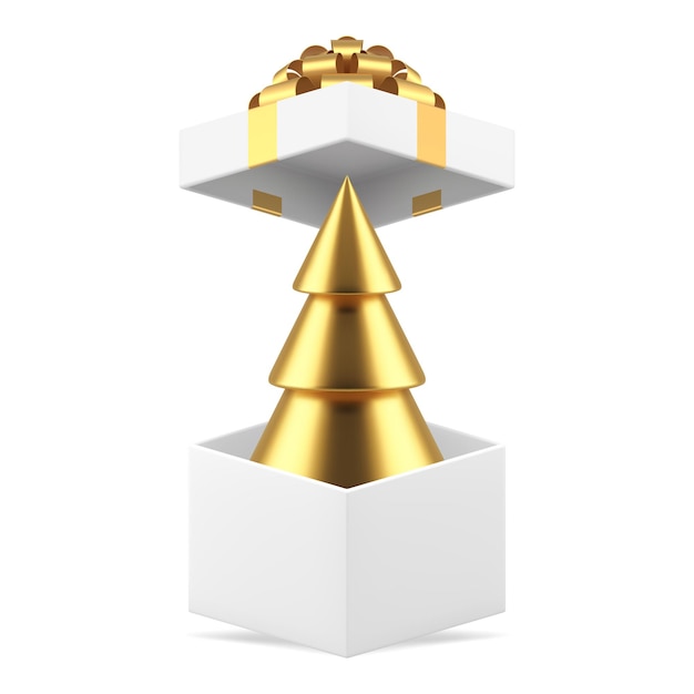 Golden cone spruce in open white gift box Christmas present realistic 3d icon vector illustration