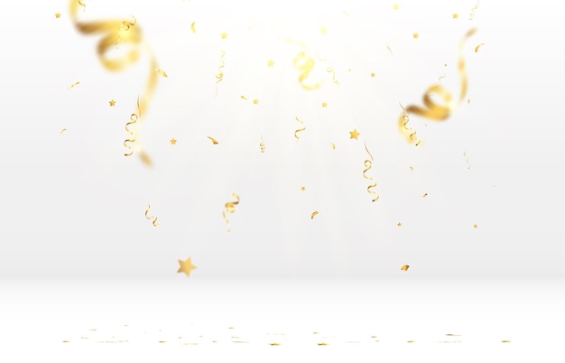 Golden confetti falls on a beautiful background Falling streamers on stage