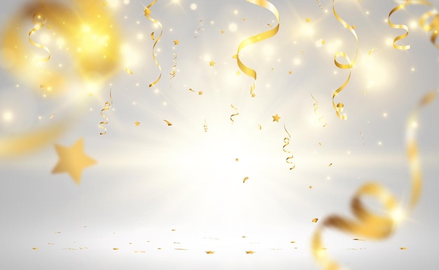 Golden confetti falls on a beautiful background Falling streamers on stage