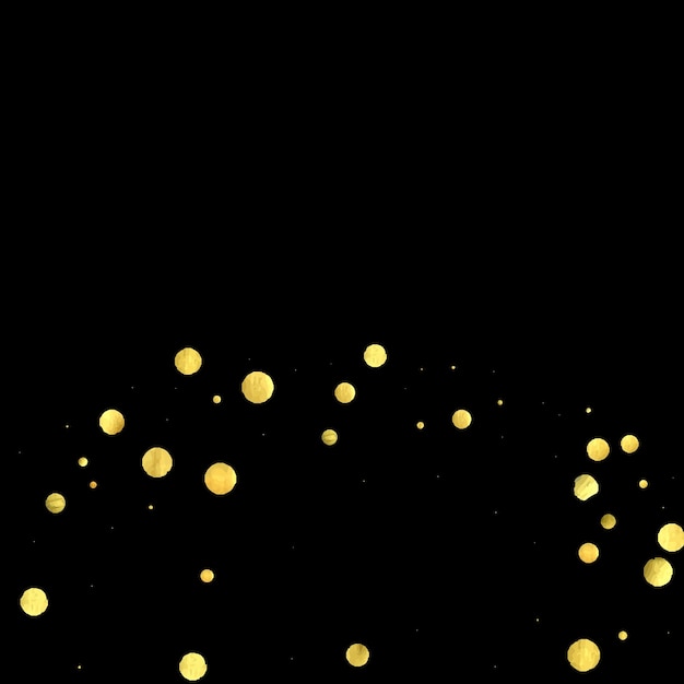 Golden confetti isolated on black background. Scatter gradient with gold confetti on dark backdrop. Glamour falling glitter. New year wallpaper. Luxury vector brochure template. Cover texture design.