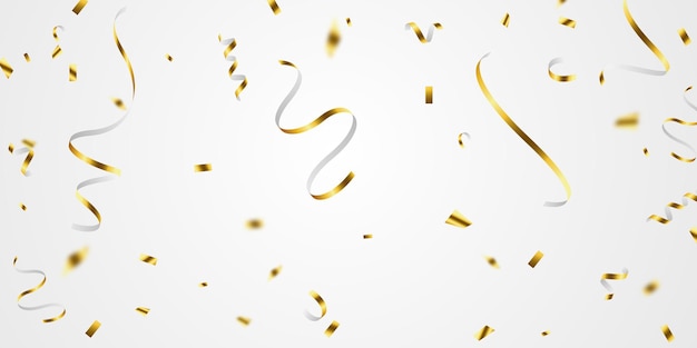 Golden confetti and zigzag ribbon falling from above Streamers tinsel vector