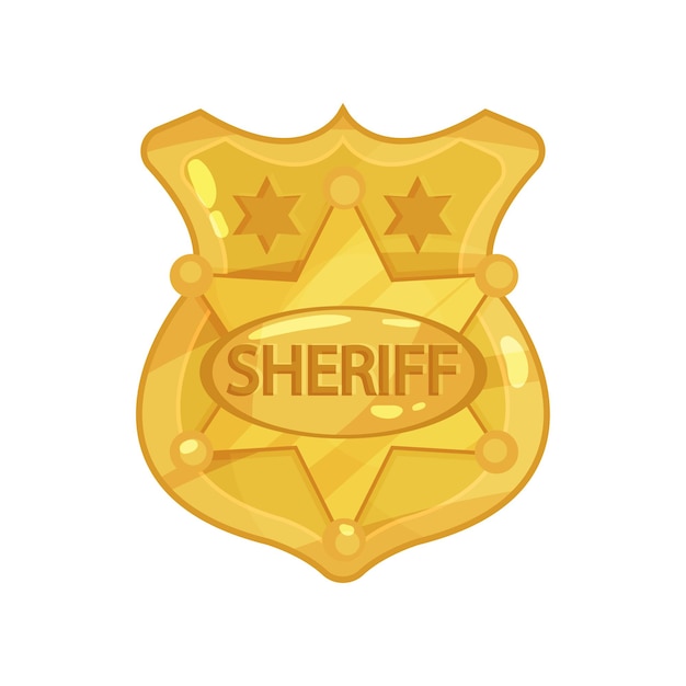 Vector golden cop s badge with stars and engraved word sheriff. brass police officer jetton design. public safety. policeman symbol. cartoon vector illustration in flat style isolated on white background.