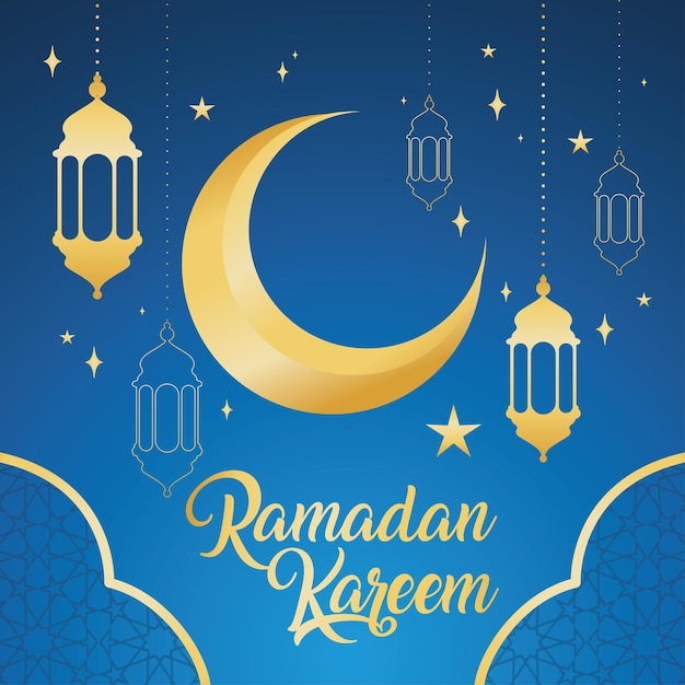 Golden crescent moon and arab lanterns Ramadan kareem template Vector illustration