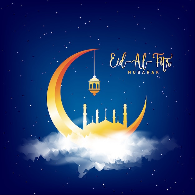 Golden crescent moon and mosque on blue cloudy background. Eid-Al-Fitr celebration concept