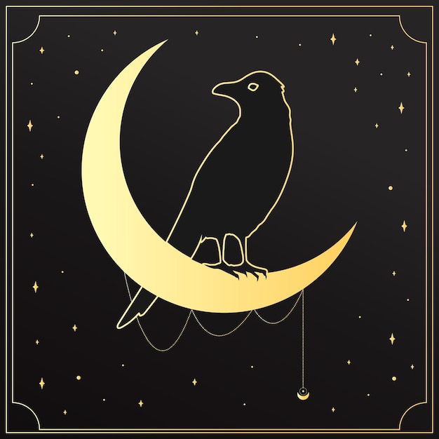 Vector golden crow sitting on a crescent emblem mystery astrology esoteric vector illustration