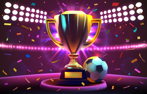 Golden cup of the winner on the football field Vector