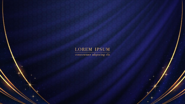 Golden curve and line with glitter light effect decoration on blue fabric luxury background