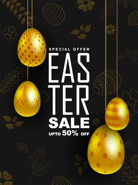 Golden easter eggs and beautiful golden flowers background