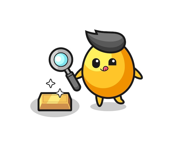 Golden egg character is checking the authenticity of the gold bullion