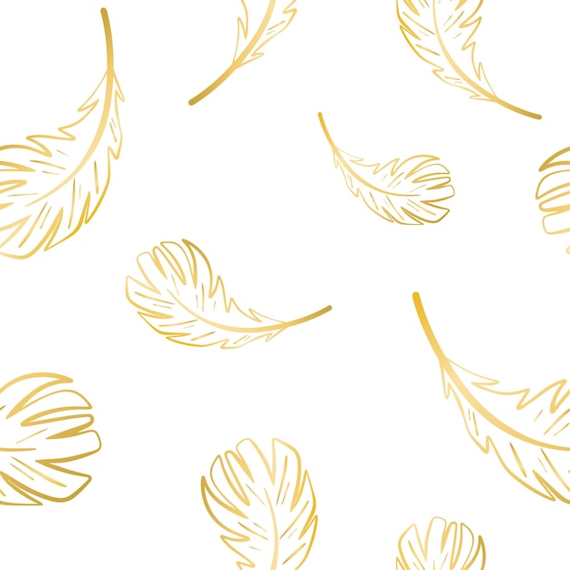 Golden feathers flying seamless pattern beautiful gold feathers on white background graceful print f