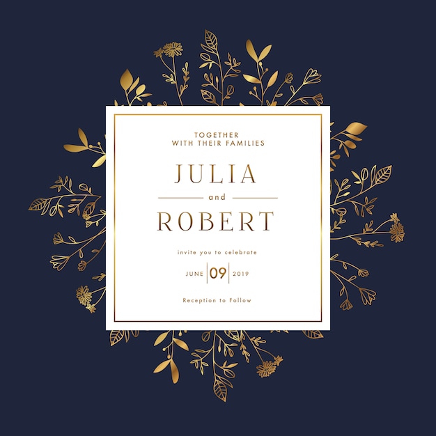 Golden Floral Wedding Invitation Card