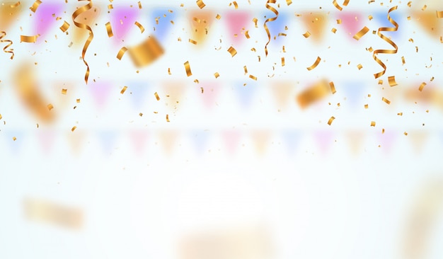 Golden flying blur confetti with empty space on light background . Falling down ticker tapes illustration.