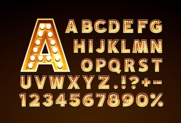 Golden font lamp symbol, gold letter and numbers set. Vector illustration