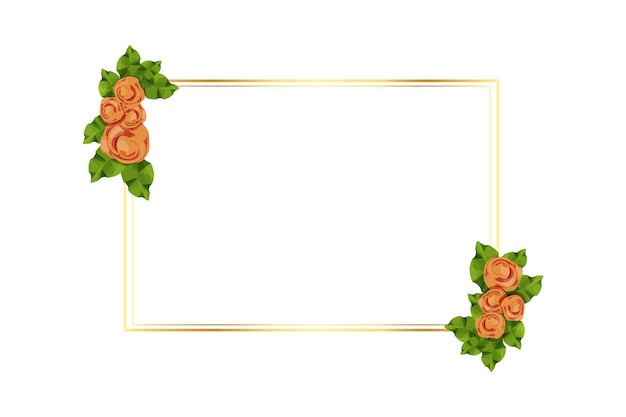 Golden frame decorated with roses flowers and leaves in cartoon style isolated on white