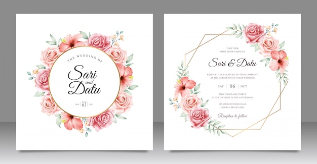 Golden frame wedding invitation with beautiful floral design