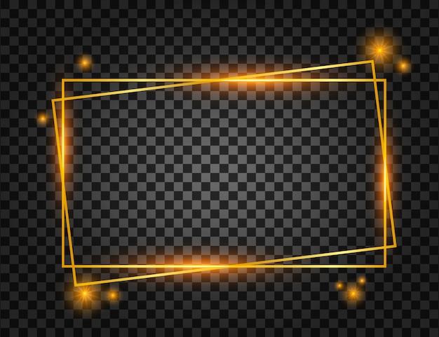 golden frame with lights effects. Rectangle banner. Glowing magic frame.