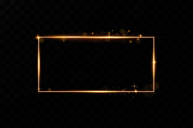 Golden frame with lights effects. Shining rectangle banner.Isolated on black transparent backgroun