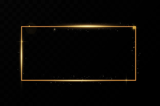 Golden frame with lights effects. Shining rectangle banner.Isolated on black transparent backgroun