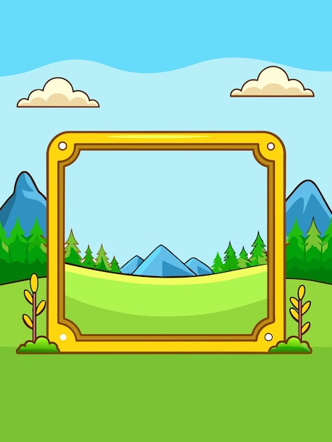 Vector golden frame with mountainous landscape and clouds in a cartoon style