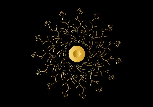 Golden frame with ornament in a circle on black background Luxury gold mandala hand draw design