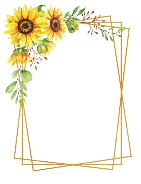 Golden frame with sunflower flowers watercolor illustration