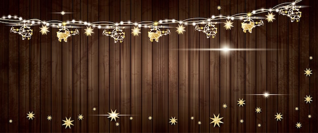 Vector golden garland with helicopters and stars on wooden texture