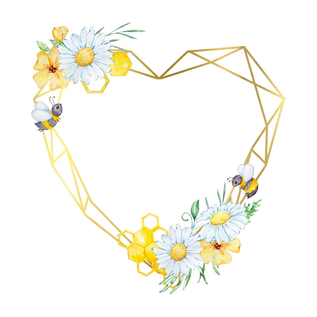 Golden Geometric Heart frame of watercolor chamomile leaves and bees