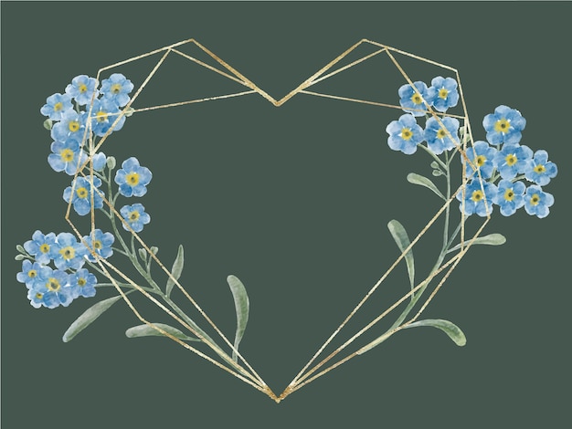 Golden geometric heart frame with handpainted watercolor forget me not flowers