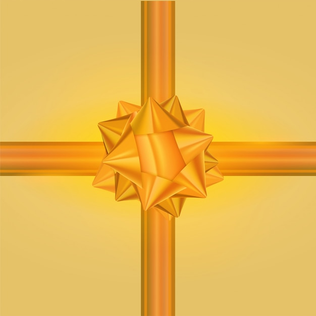 Golden Gift Bow And Ribbon Glossy Holiday Decoration On Yellow Background 